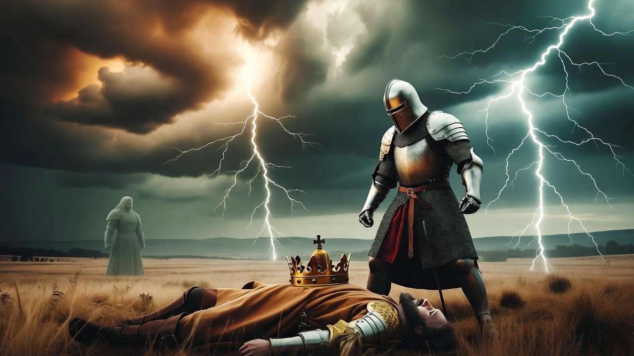 Medieval battlefield scene with warrior and fallen king under stormy sky, representing Macbeth's tragic murder in Shakespeare’s play