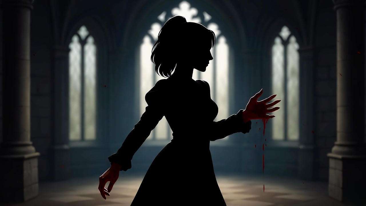 Silhouette of a woman sleepwalking with blood-stained hands in a castle, depicting Lady Macbeth’s guilt in Shakespeare’s Macbeth.