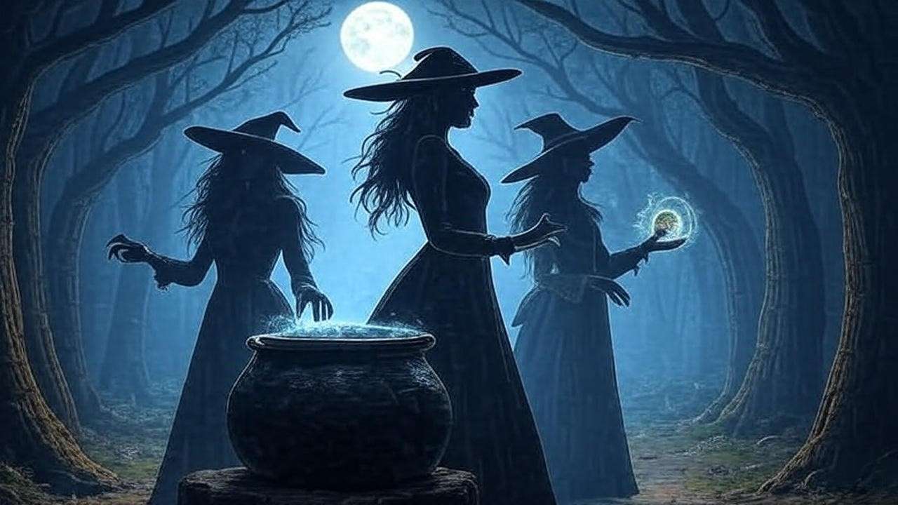 Mystical forest with three witches around a cauldron under moonlit sky, symbolizing the supernatural prophecy in Macbeth