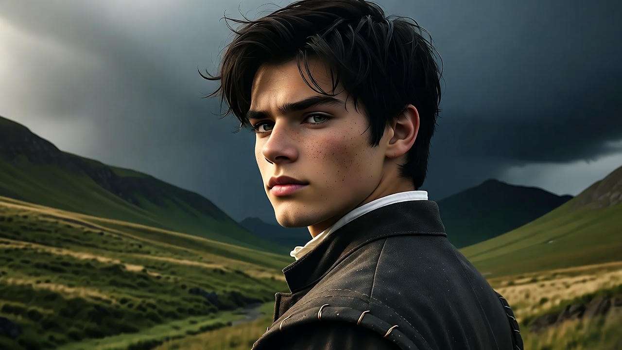 Young Malcolm in stormy Scottish landscape symbolizing insecurity in Macbeth
