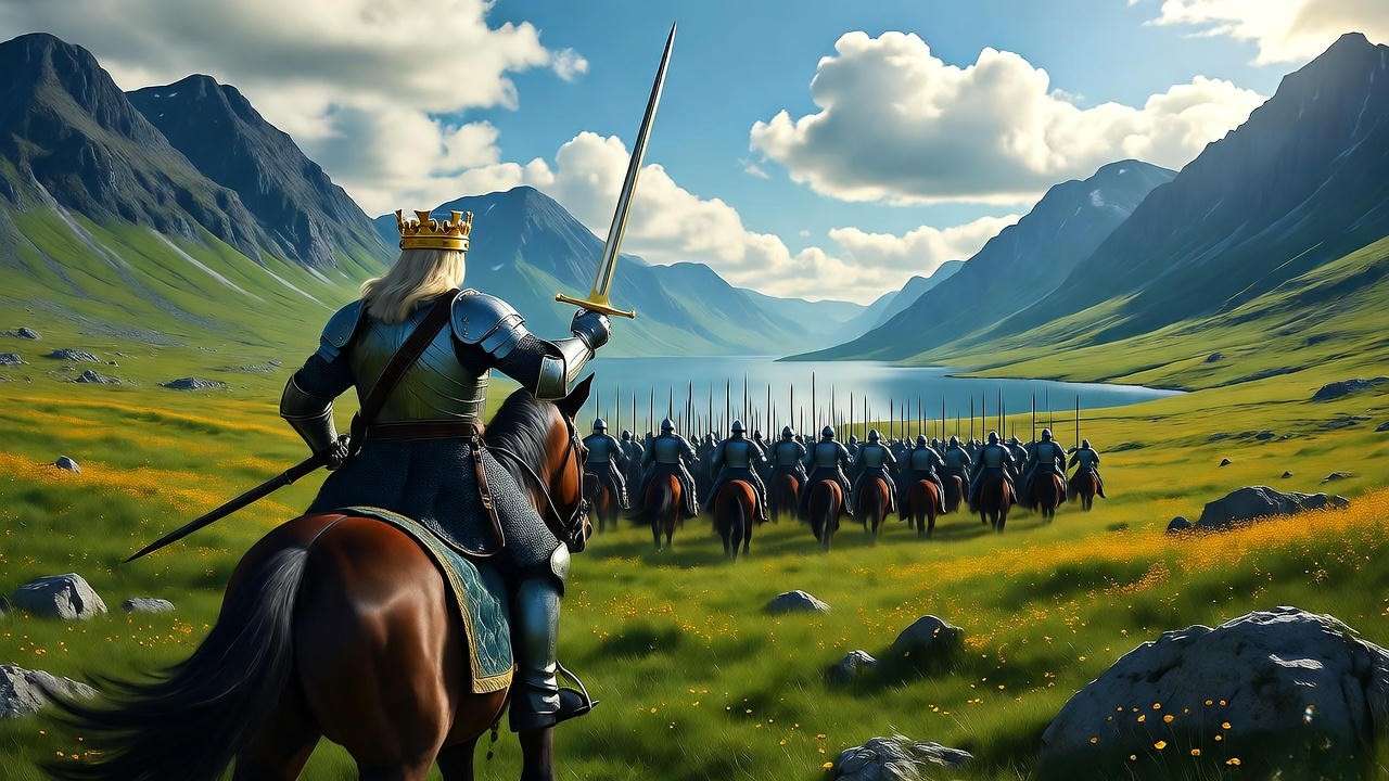 Crowned Malcolm leading army in Scottish battlefield Macbeth