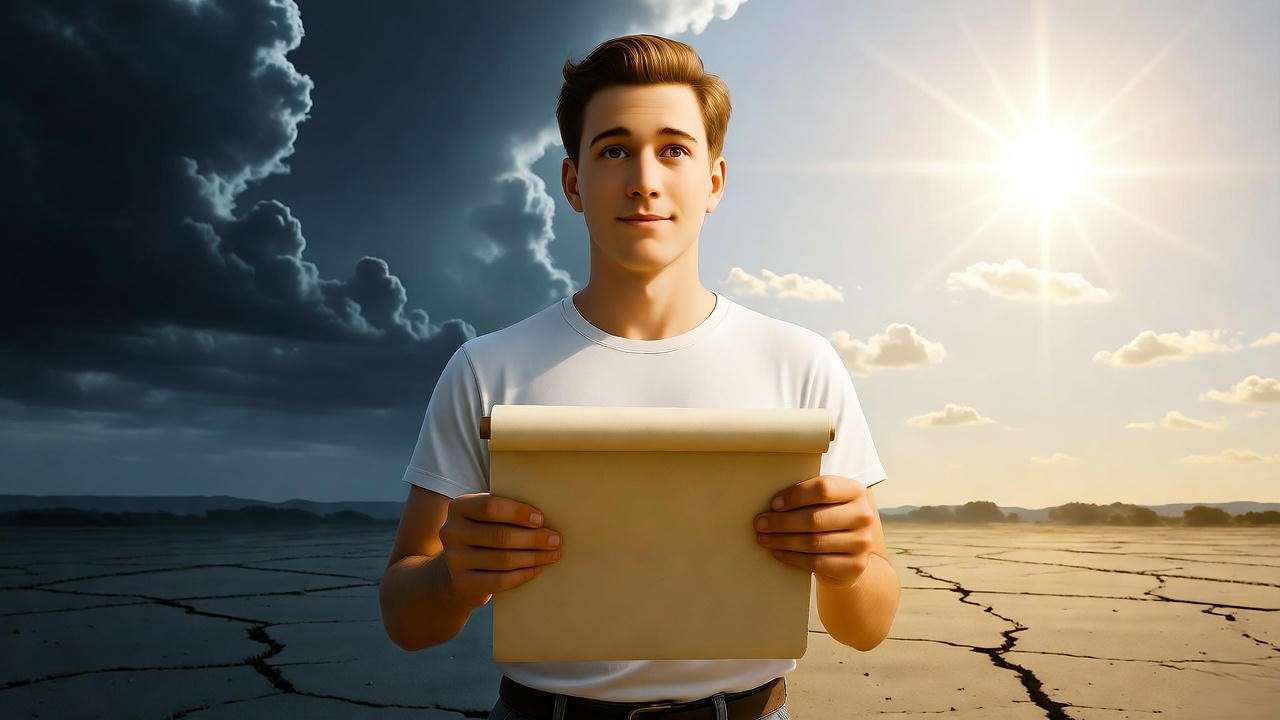 Malcolm with scroll in divided landscape symbolizing growth in Macbeth