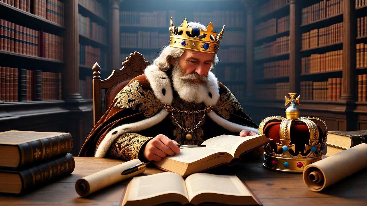 Medieval king with texts in library for Macbeth study