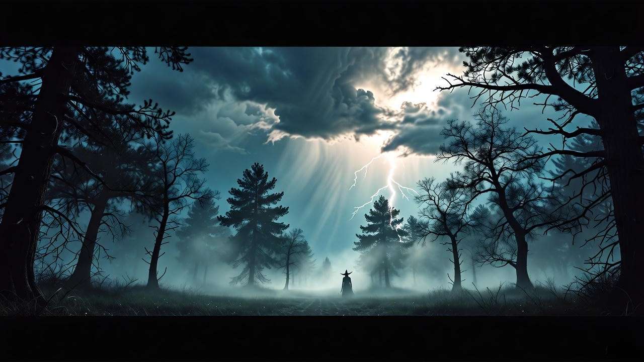Dark forest with lightning and witches symbolizing darkness imagery in Macbeth Act 1