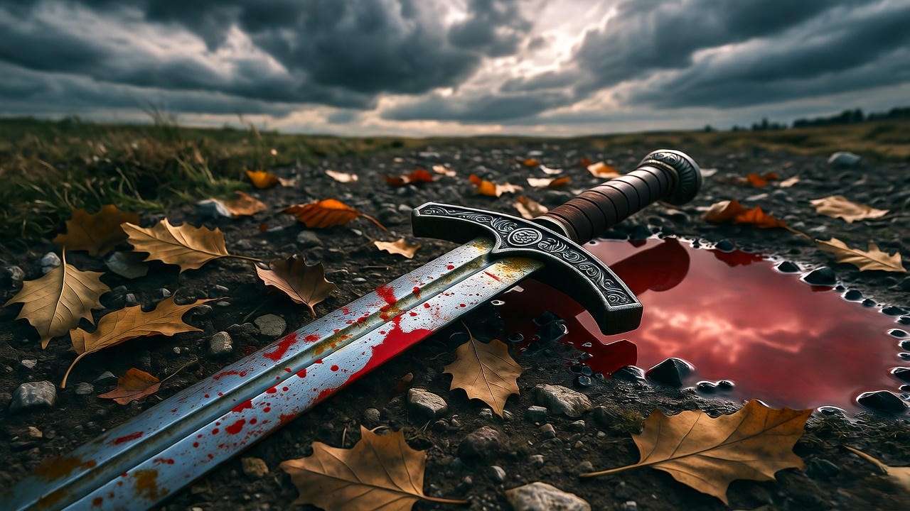 Blood-stained sword on battlefield representing blood imagery in Macbeth Act 1