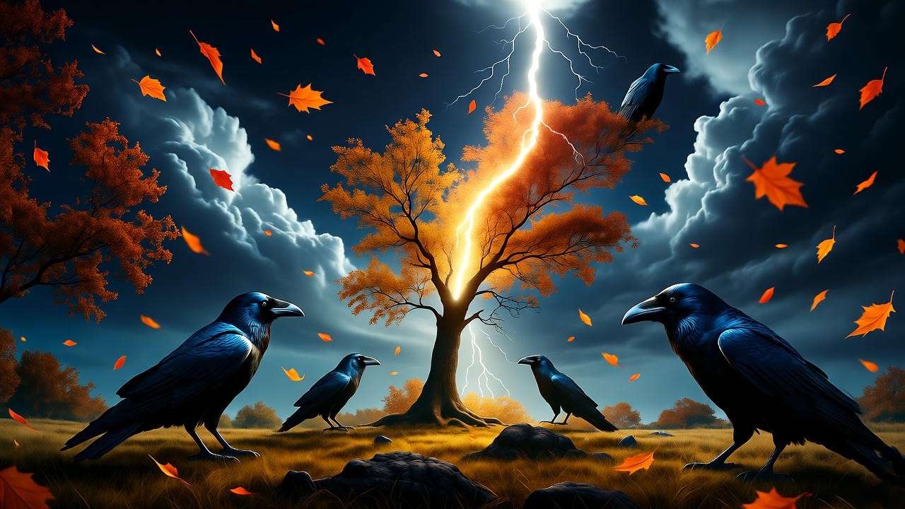 Chaotic nature scene with ravens and lightning for nature imagery in Macbeth Act 1