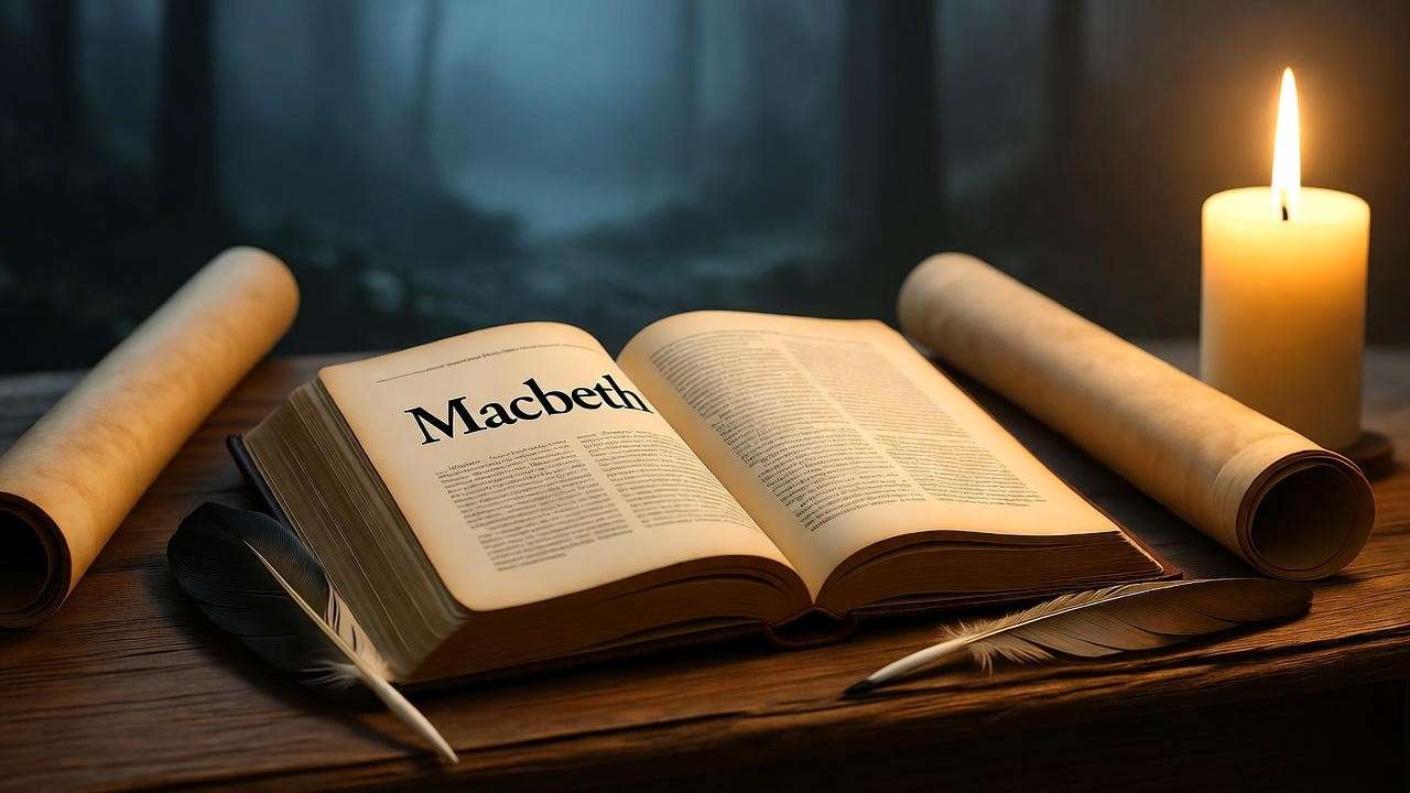 Study desk with Macbeth book for analyzing imagery in Macbeth Act