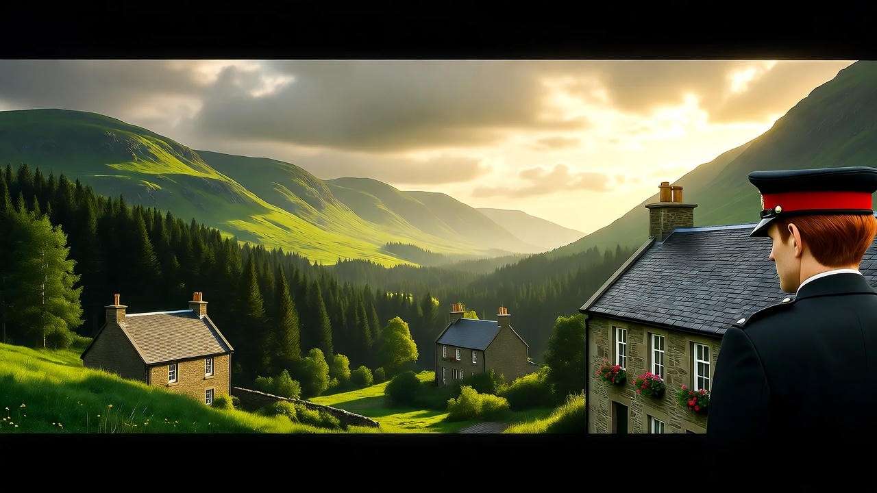 Scottish Highland village with red-haired policeman Hamish Macbeth near a cozy pub