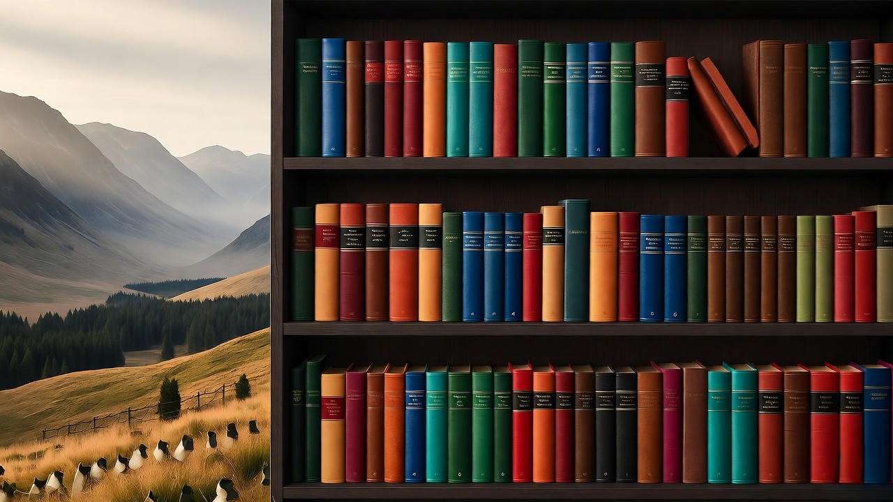Bookshelf with Hamish Macbeth series in order against Scottish Highland backdrop