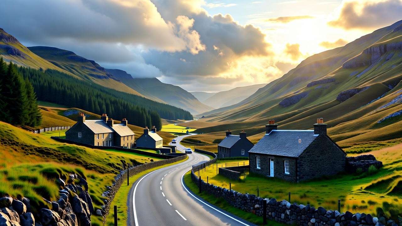 Scenic Scottish Highlands with stone houses and winding road