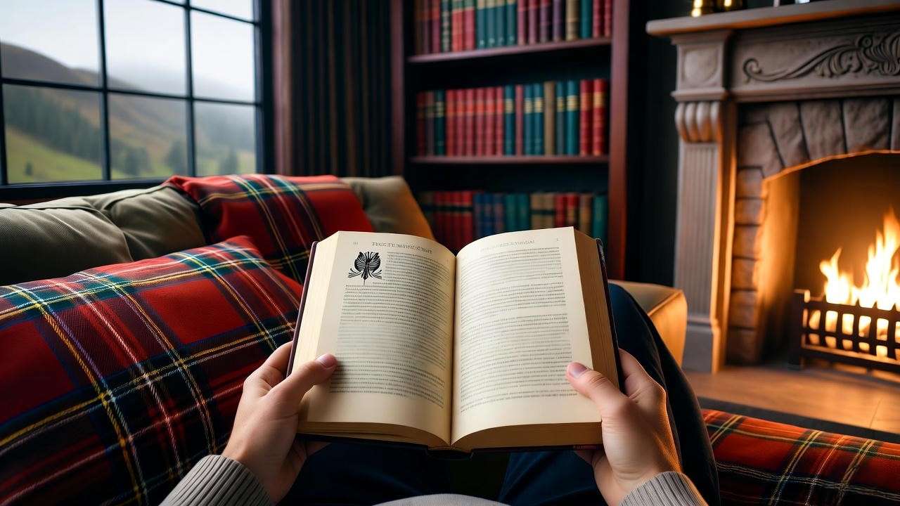 Cozy reading nook with person holding Hamish Macbeth book and Scottish decor