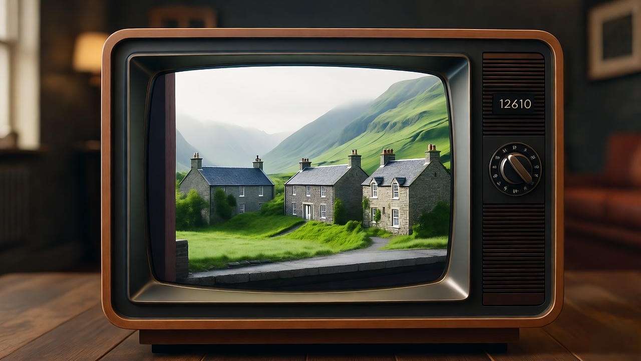 Vintage TV showing Hamish Macbeth BBC series with Highland village