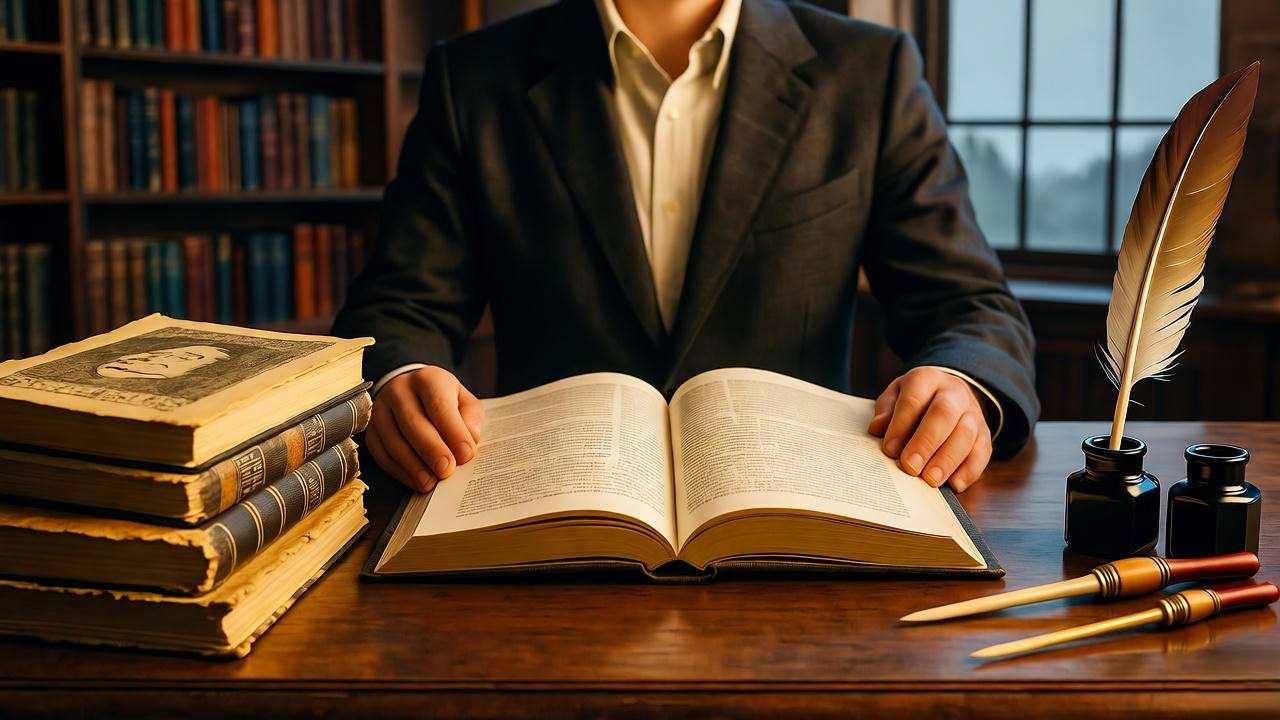 Literary expert with Hamish Macbeth book and Shakespearean manuscripts