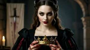 A dramatic, realistic yet painterly depiction of Lady Macbeth standing in a shadowy medieval castle interior. She wears a dark, Elizabethan-style gown with subtle red accents symbolizing blood and guilt. In one hand, she holds a golden crown that glints faintly in the candlelight, representing ambition; in the other, faint traces of blood stain her fingers, symbolizing guilt. Her expression is fierce yet haunted, eyes glowing with inner turmoil. Behind her, dim candlelight casts long, eerie shadows on cold stone walls. A faint silhouette of a dagger or blood-stained cloth appears in the background. The scene is moody and cinematic, with deep blacks, grays, and burgundy tones contrasted by touches of gold and crimson. Lighting is low and theatrical, with a spotlight illuminating Lady Macbeth’s face, enhancing her conflicted expression. The style should blend Renaissance portraiture with modern cinematic realism.