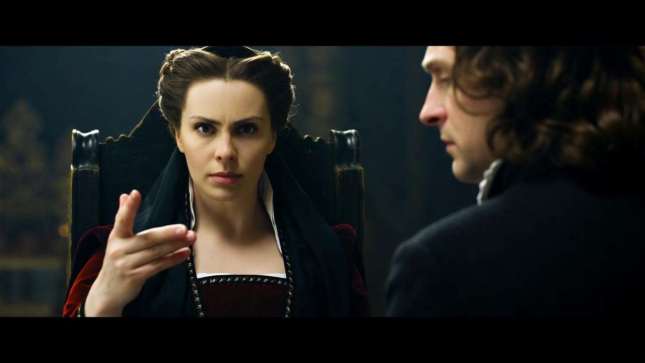 Lady Macbeth manipulating Macbeth in a dimly lit castle hall, symbolizing power and ambition