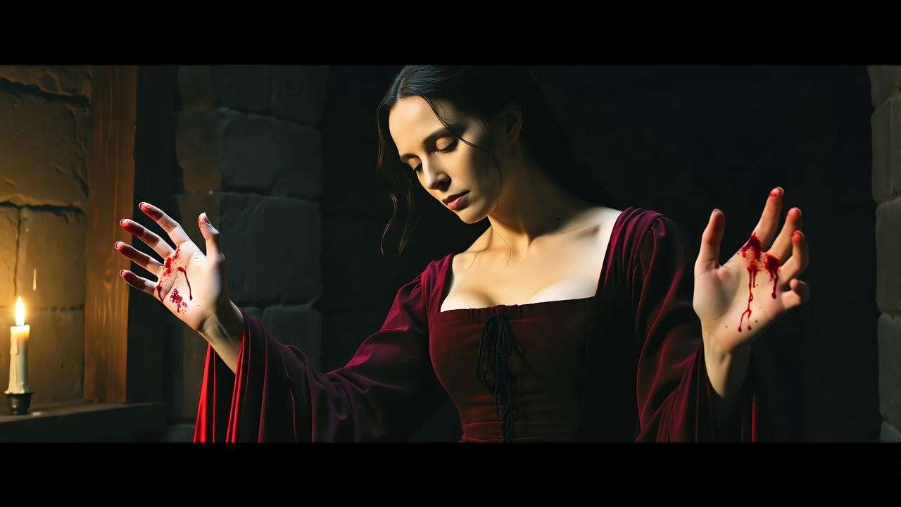 Lady Macbeth sleepwalking with blood-stained hands in a shadowy bedroom, symbolizing guilt