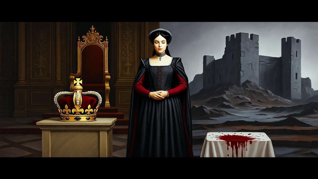Lady Macbeth between a crown and blood-stained cloth, symbolizing power and guil