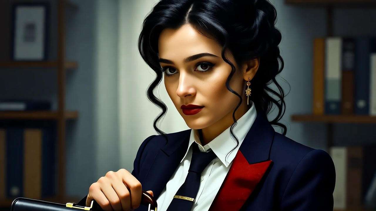 Modern Lady Macbeth in a corporate setting, symbolizing ambition and guilt