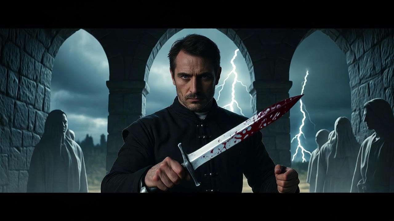 Macbeth holding a bloody dagger in a dark Scottish castle hall, symbolizing ambition and guilt from Shakespeare's Macbeth book