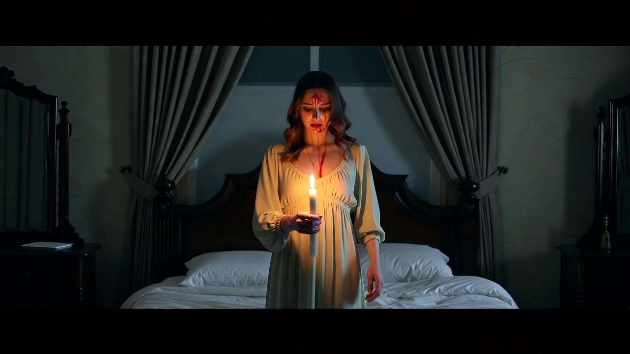 Lady Macbeth sleepwalking with a candle in a dimly lit bedroom, depicting guilt from the Macbeth book by Shakespeare