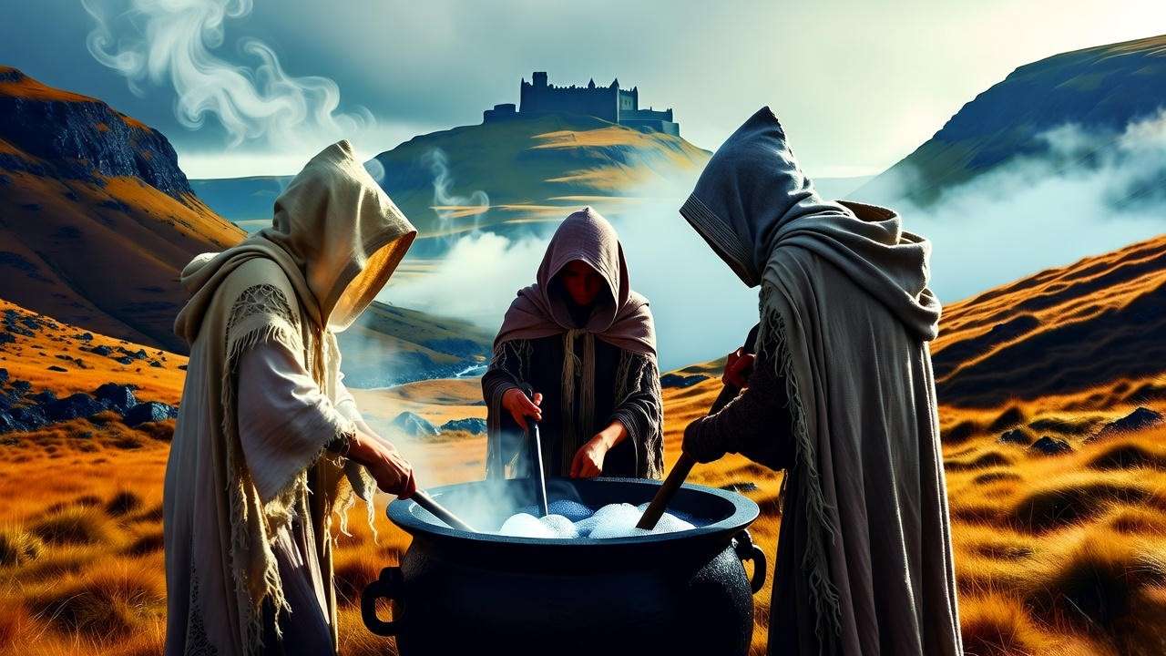 Three witches around a cauldron in a misty Scottish landscape with a castle, representing the supernatural in Macbeth book