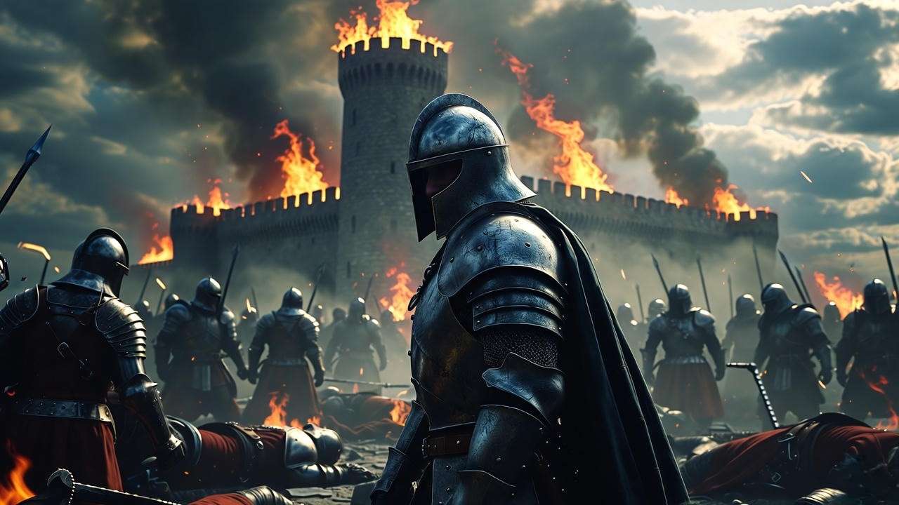 Macbeth as a tyrant on a chaotic battlefield with a burning castle, illustrating betrayal in Shakespeare's Macbeth book.