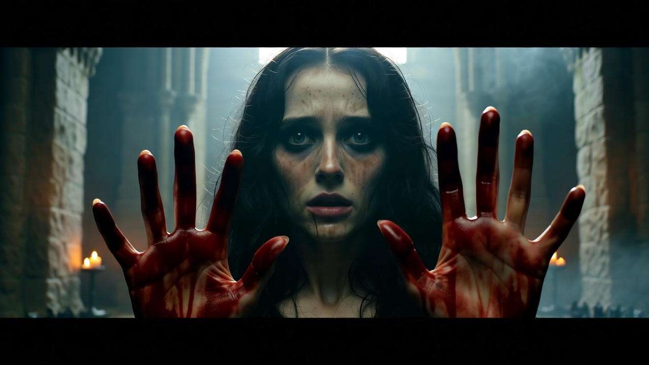 Haunted woman with blood-stained hands in gothic castle hall symbolizing Lady Macbeth's guilt
