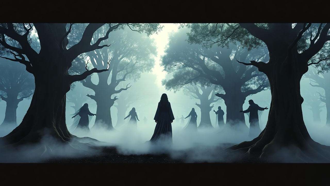 Mystical forest with powerful female figure in dark cloak, representing Ava Reid's folkloric Shakespearean influences.