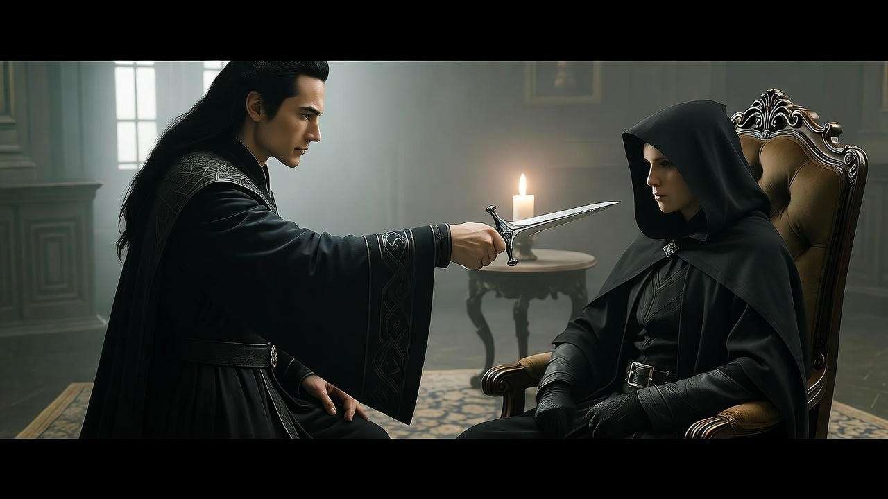 Gothic confrontation with character wielding dagger symbolizing ambition in Ava Reid's protagonists.
