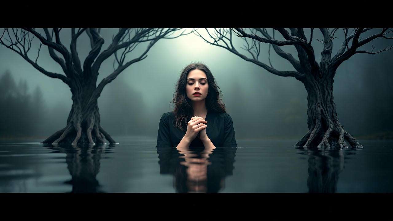 Eerie woman by reflective pool showing inner conflict symbolizing guilt in Ava Reid's works.