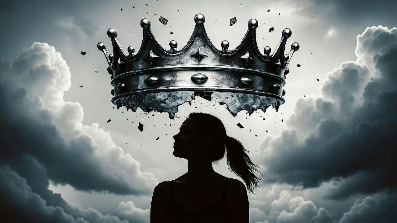 Breaking crown with defiant female silhouette symbolizing subversion of gender roles in Ava Reid's novels.