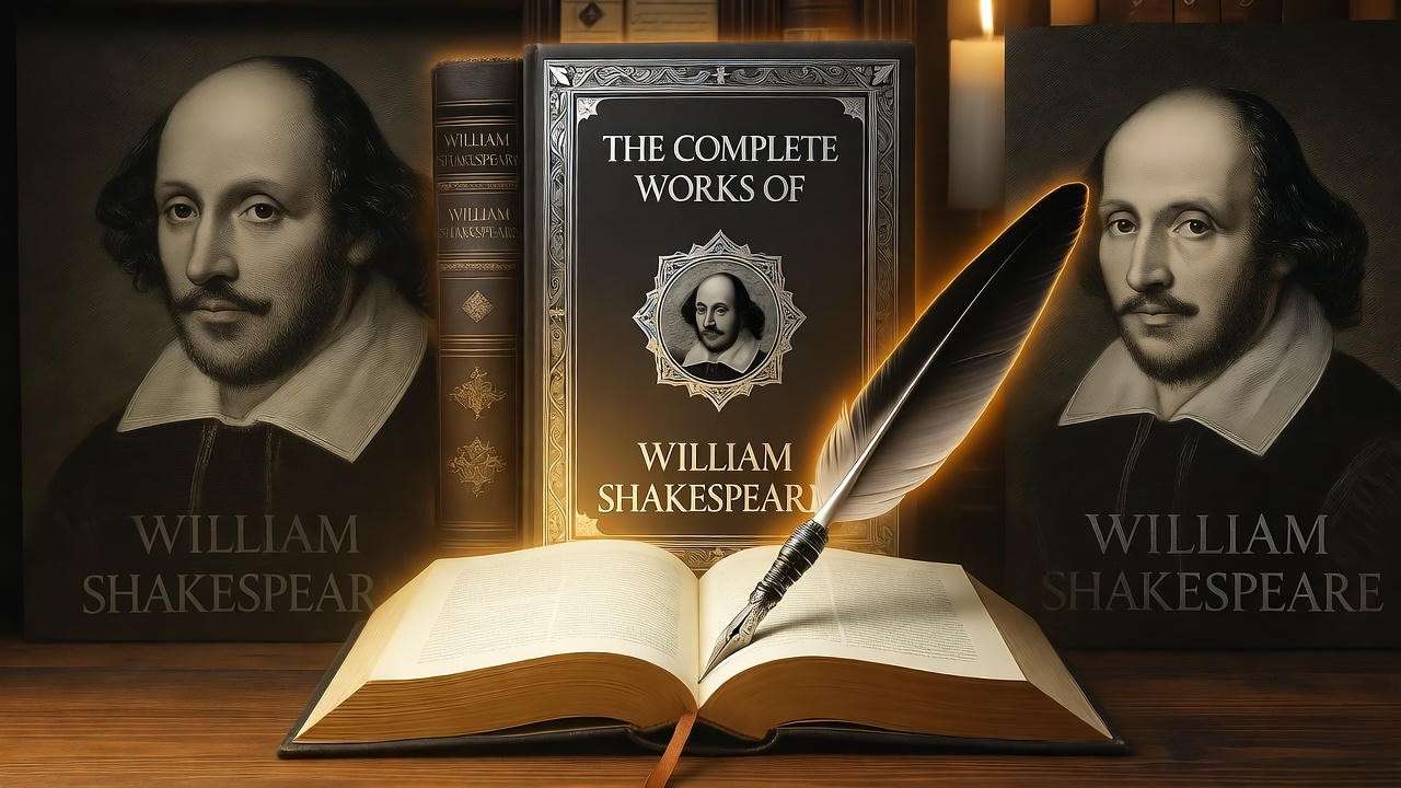 Scholarly desk with book and quill featuring Shakespeare and Ava Reid influences.