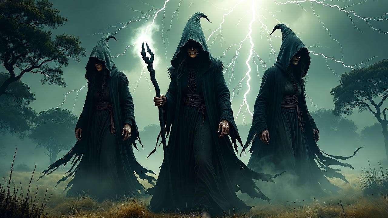 Macbeth Act 1 Scene 1 witches on stormy heath prophecy illustration