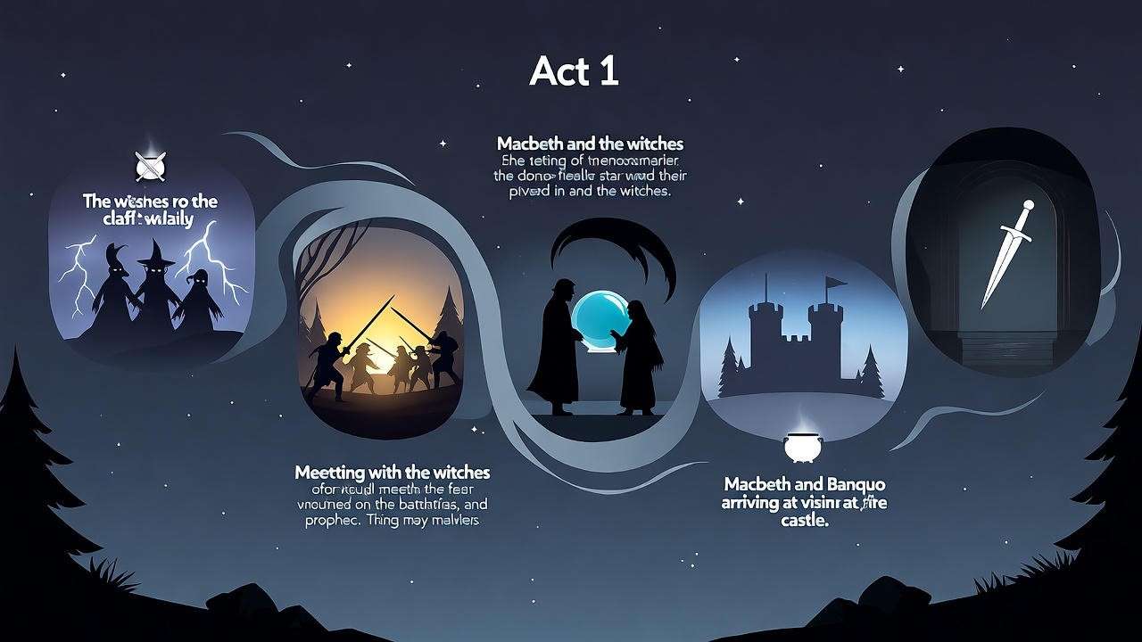 Macbeth Act 1 plot timeline scenes summary illustration