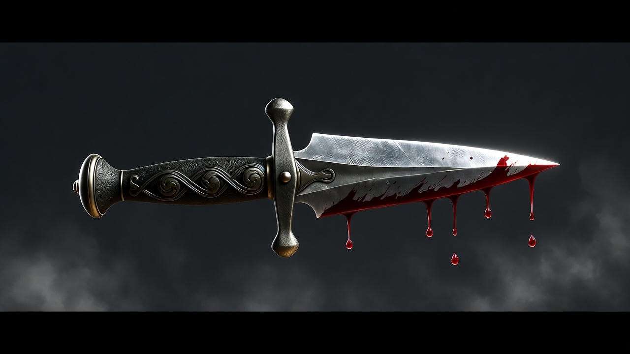 Medieval dagger with blood dripping in misty void, symbolizing Macbeth Act 2 soliloquy