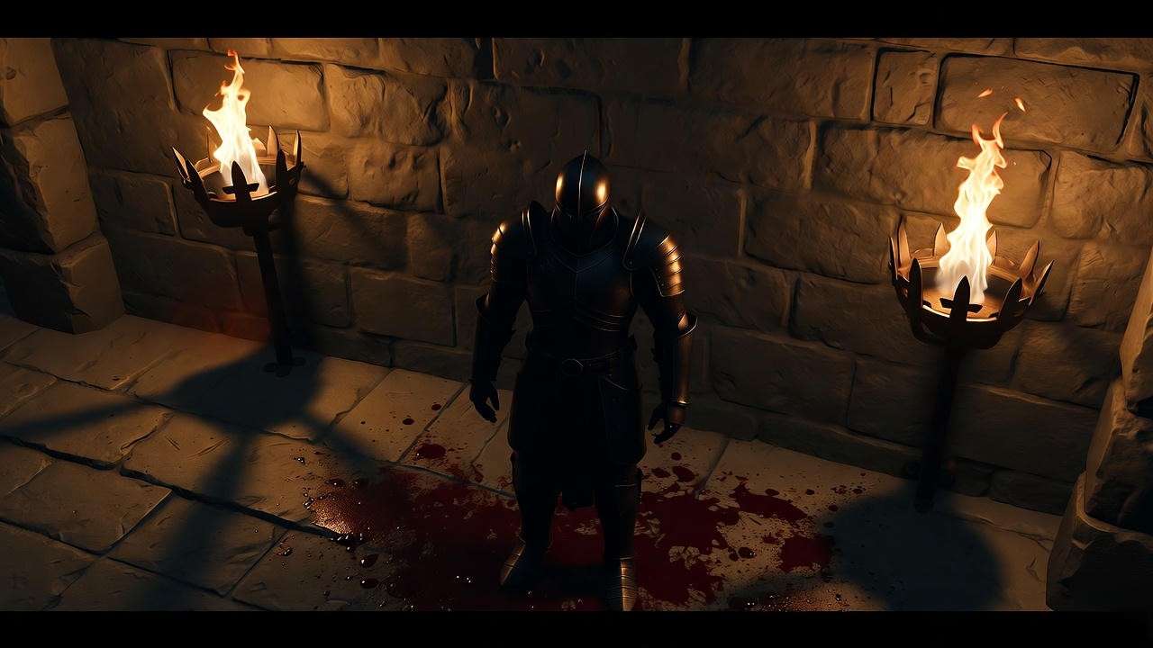 Shadowy armored figure on blood-stained floor in dim castle, depicting Macbeth Act 2 guilt
