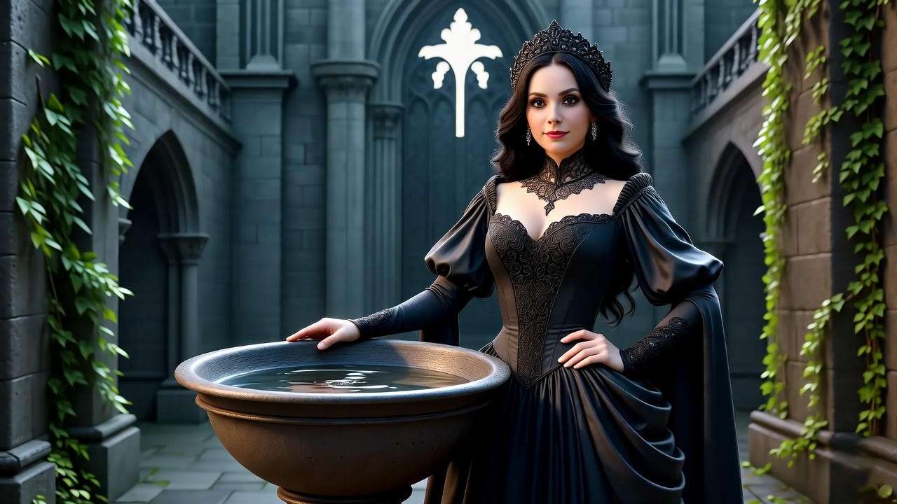 Regal woman with water basin in gothic castle, representing Lady Macbeth Act 2 resolve