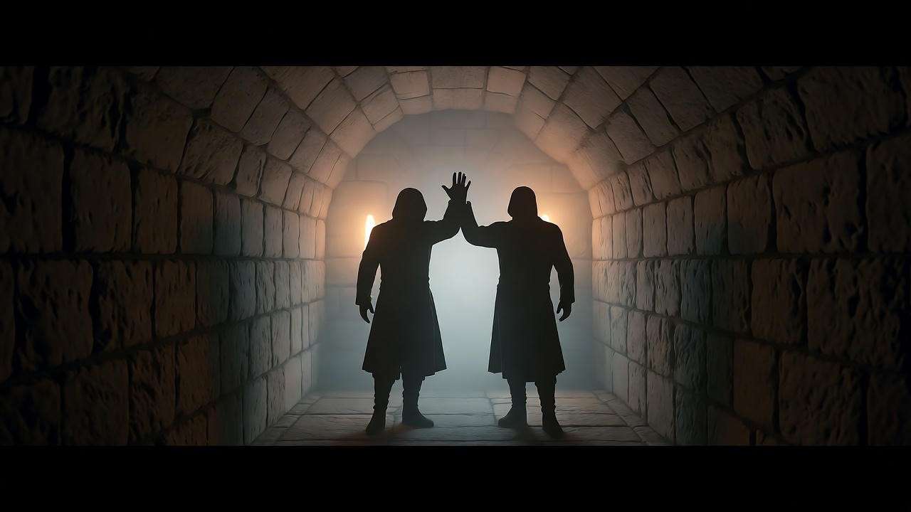 Shadowy figures in misty castle hallway, illustrating Macbeth Act 2 dramatic irony