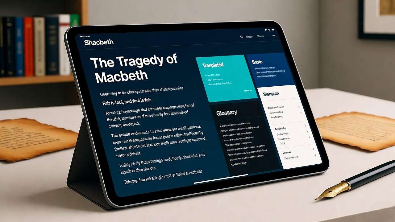 Digital tablet displaying Macbeth translation resources, blending modern tech with Shakespearean elements.