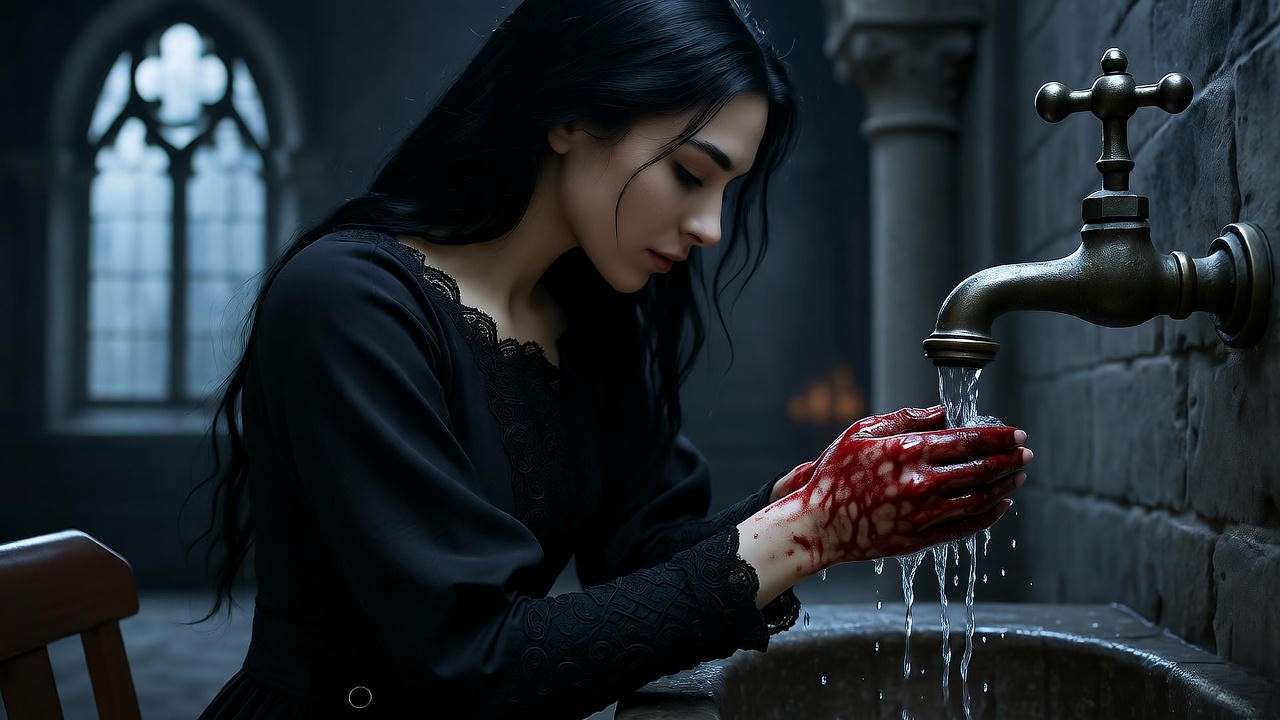 Shadowy woman washing hands with bloodstains, depicting Lady Macbeth's guilt in No Fear Shakespeare Macbeth.