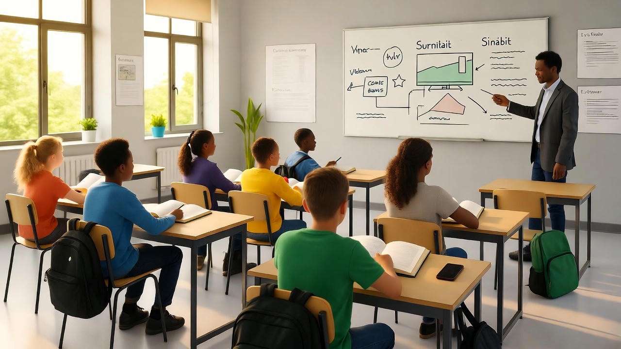 Modern classroom with students and teacher learning Macbeth from No Fear Shakespeare Macbeth.