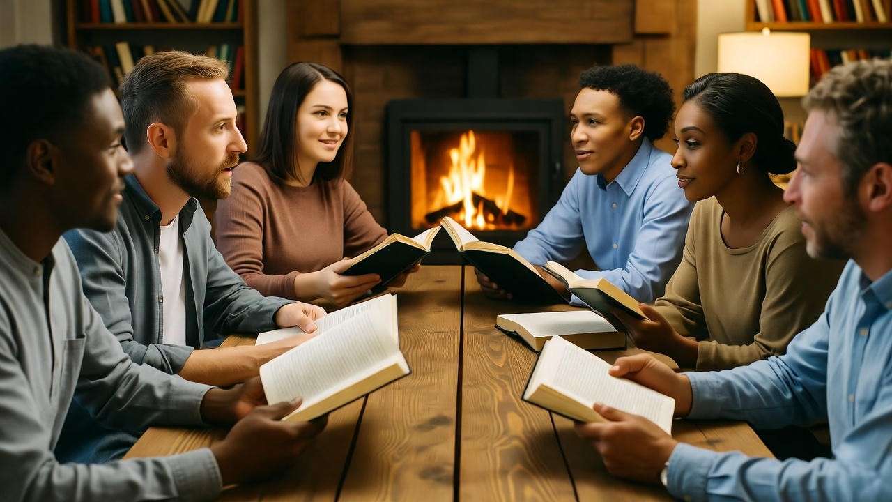 Cozy book club discussing Macbeth with No Fear Shakespeare Macbeth guide.