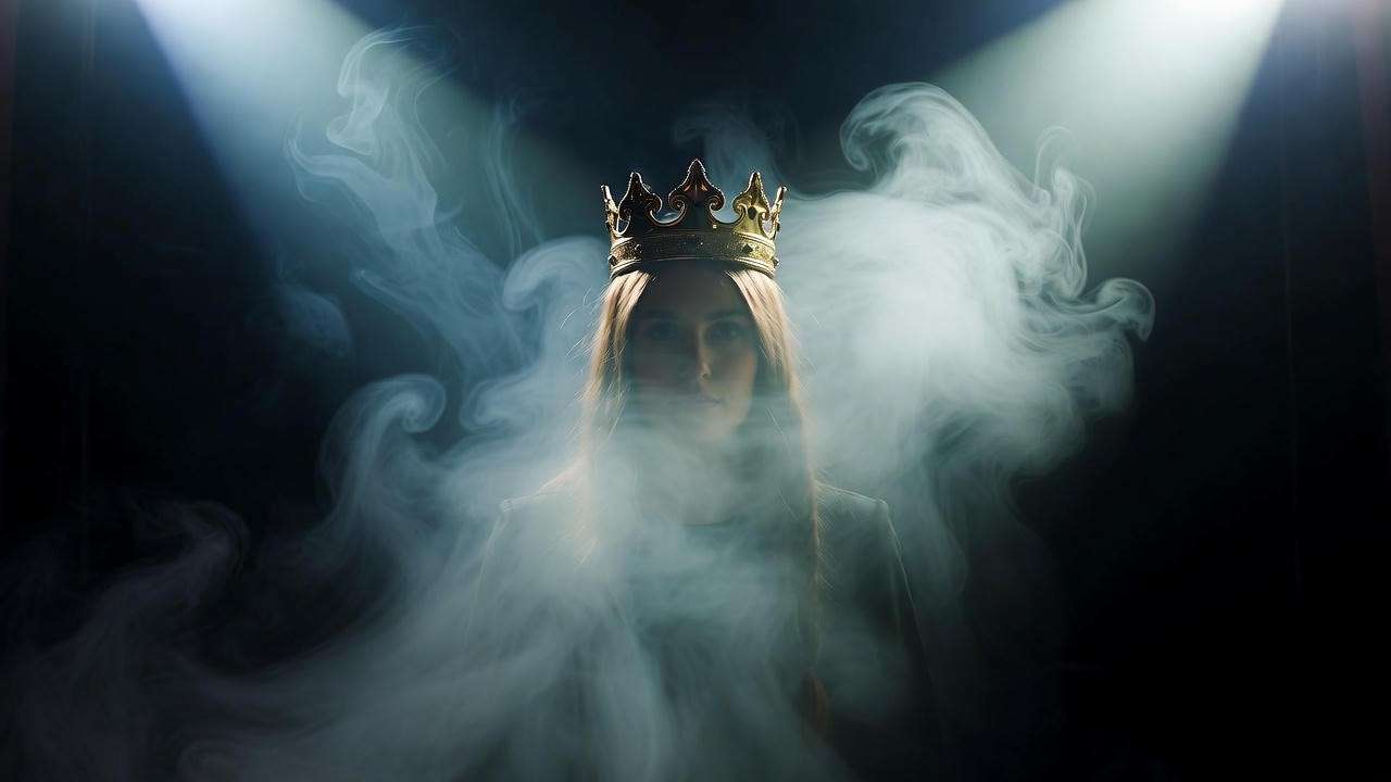 Dark stage with crowned actor, representing Macbeth's paranoia in No Fear Shakespeare Macbeth