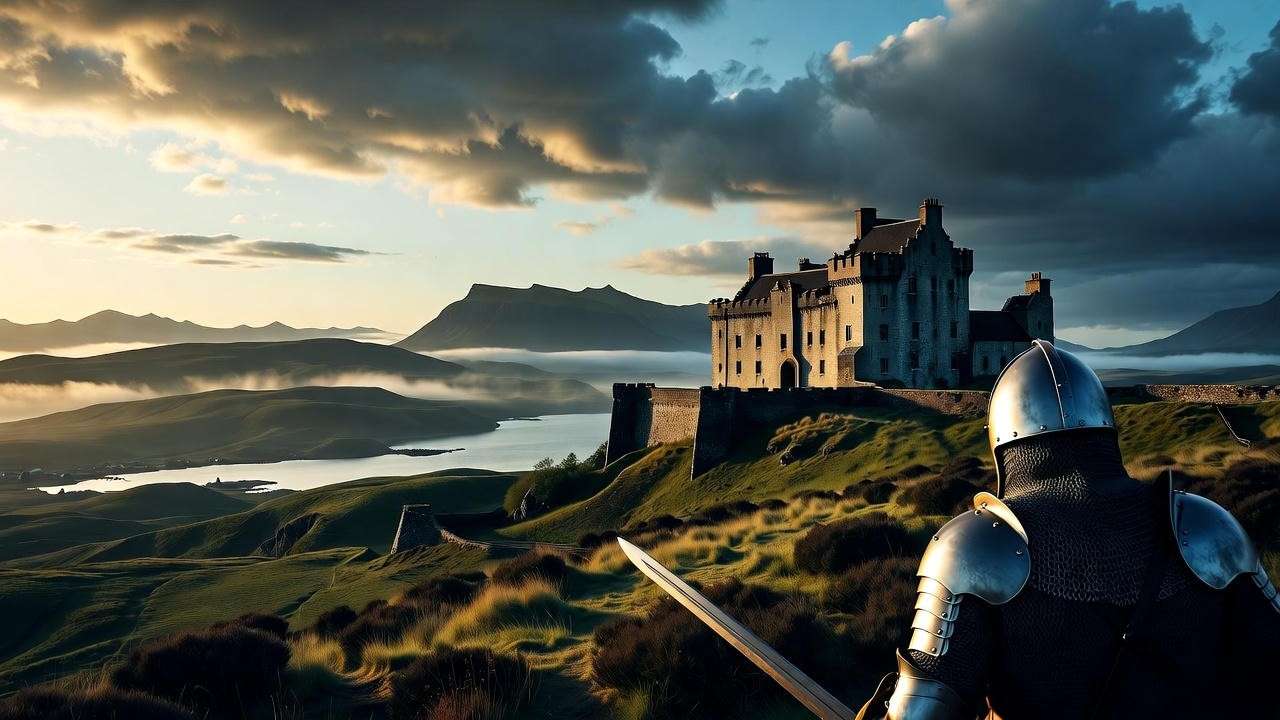Medieval Scottish landscape with castle and armored figure symbolizing Macbeth's rise in Shakespeare's tragedy.