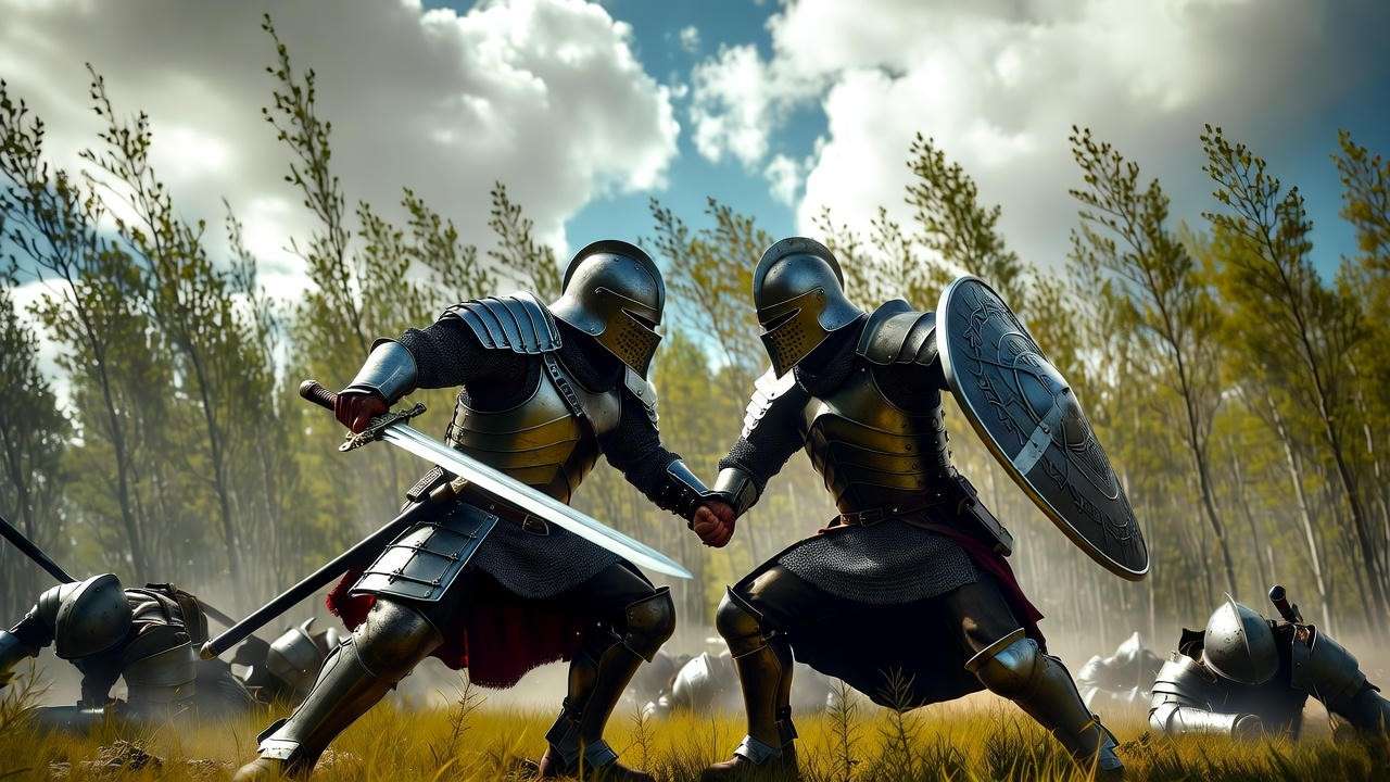 Epic battlefield duel between Macbeth and Macduff with moving forest in Shakespeare's tragedy
