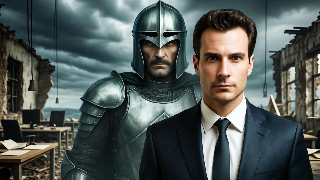 Modern leader with ghostly Macbeth symbolizing timeless lessons from Shakespeare's tragedy.