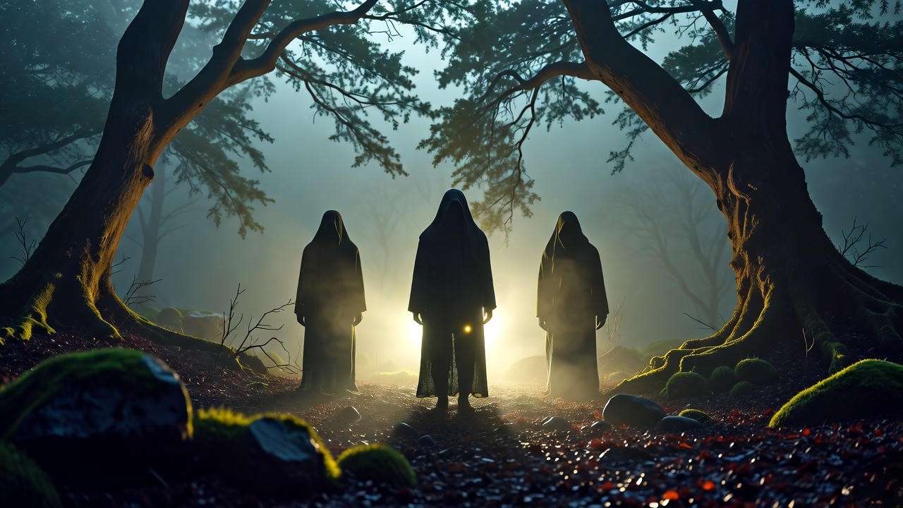 Mysterious forest with witches influencing Macbeth's fate in Shakespeare's tragedy.