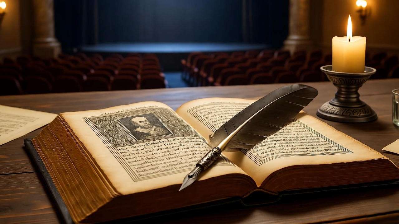 Open book and quill with theater backdrop for exploring Shakespeare's Macbeth tragedy.