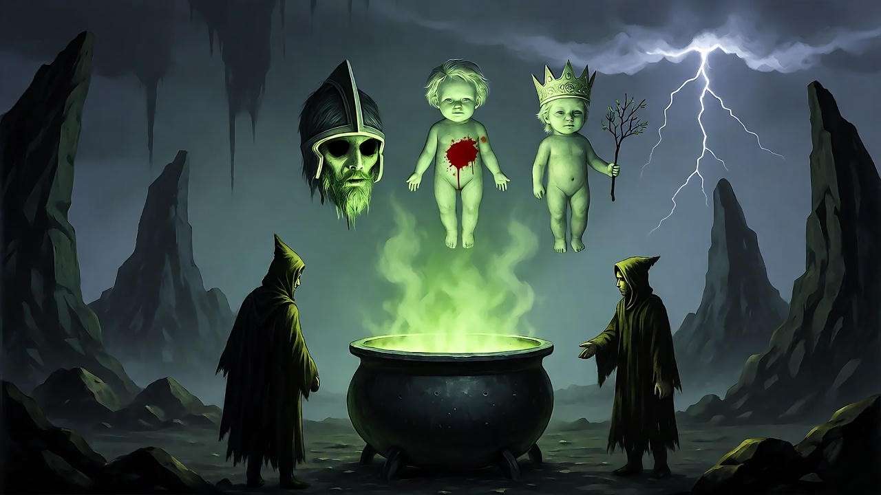 Three witches around a glowing cauldron with ghostly apparitions in a stormy cavern, depicting Macbeth Act 4 Scene 1 prophecies