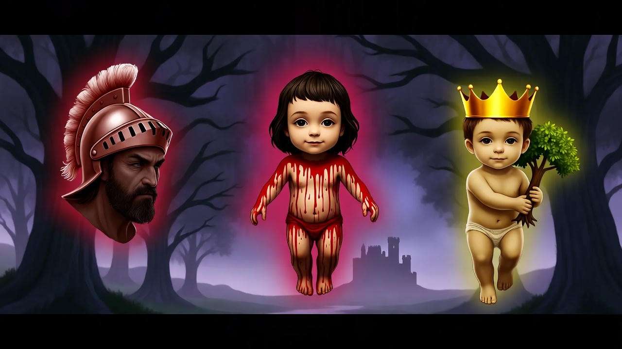 Surreal depiction of Macbeth Act 4 apparitions—an armed head, bloody child, and crowned child—in a misty void